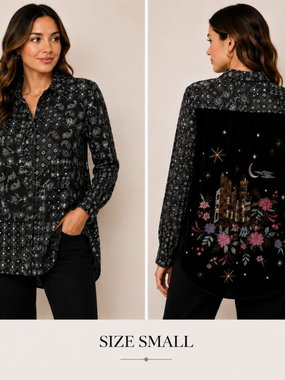 Johnny Was Workshop Silk & Velvet Embroidered Blouse Size Small Boho Luxe